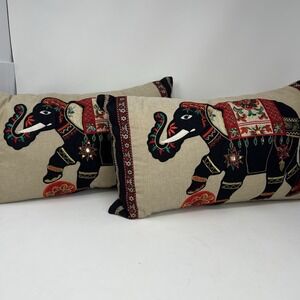 Pier 1 Elephant Throw Pillows 19"x11" Beaded Embroidered Boho Red Black Circus‎
